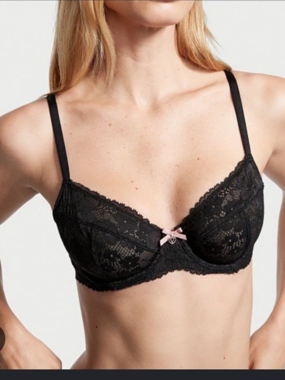 Victoria's Secret Black Lace Underwire Bra with Pink Bow Accent Size 36D